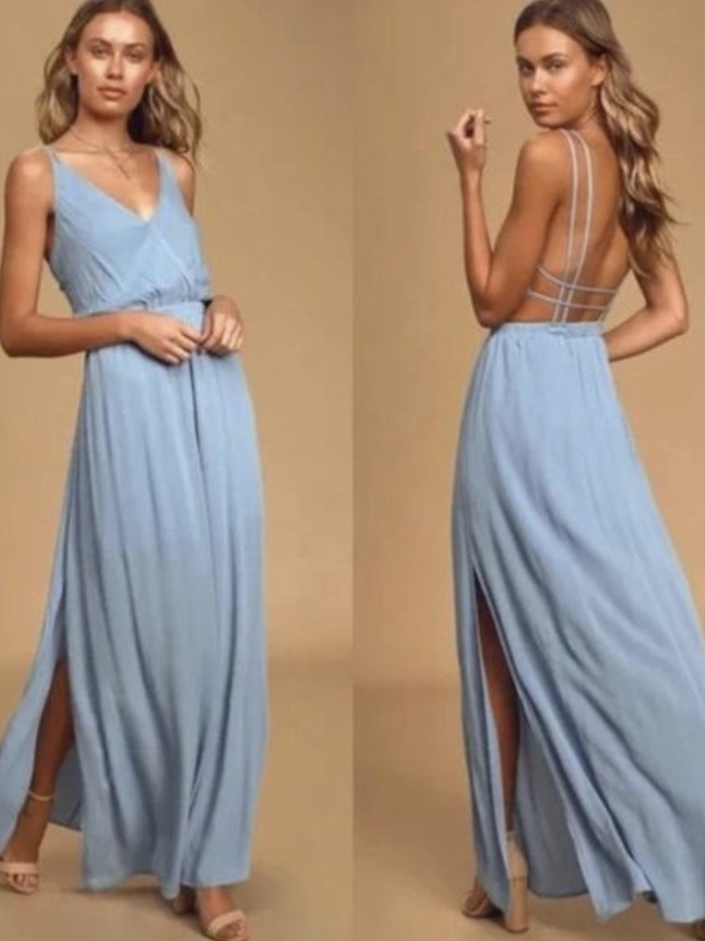 Lulu's Lost in Paradise Womens Size Small Slate Blue Strappy Maxi Dress